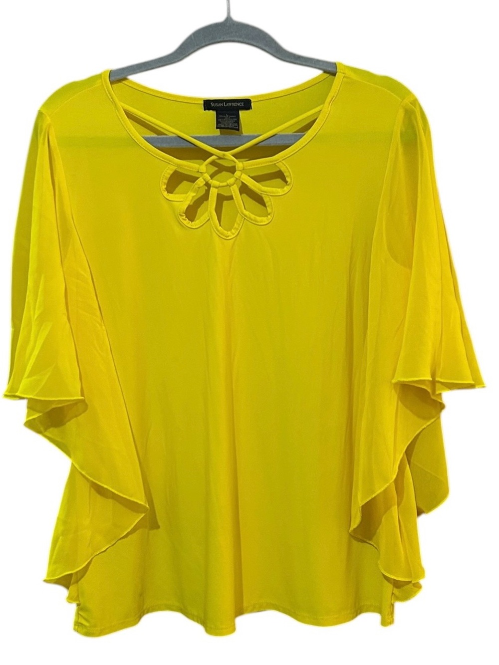 Susan Lawrence Yellow Chiffon Blouse Flutter Sleeve Cut-Out Floral Neckline L